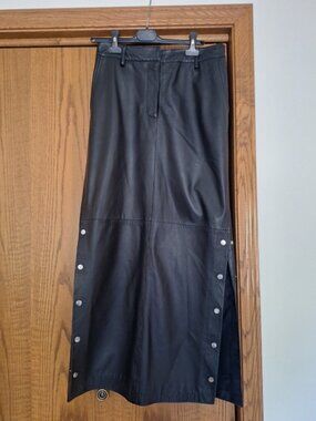 REMAIN Maxi Length Black Leather Skirt with Side Slit Snap Details